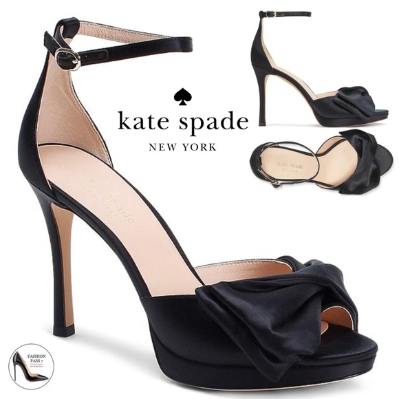 Kate Spade Bridal Bow Black Satin Platform Sandal Stiletto Heel Evening Pump 8.5 - Picture 1 of 9